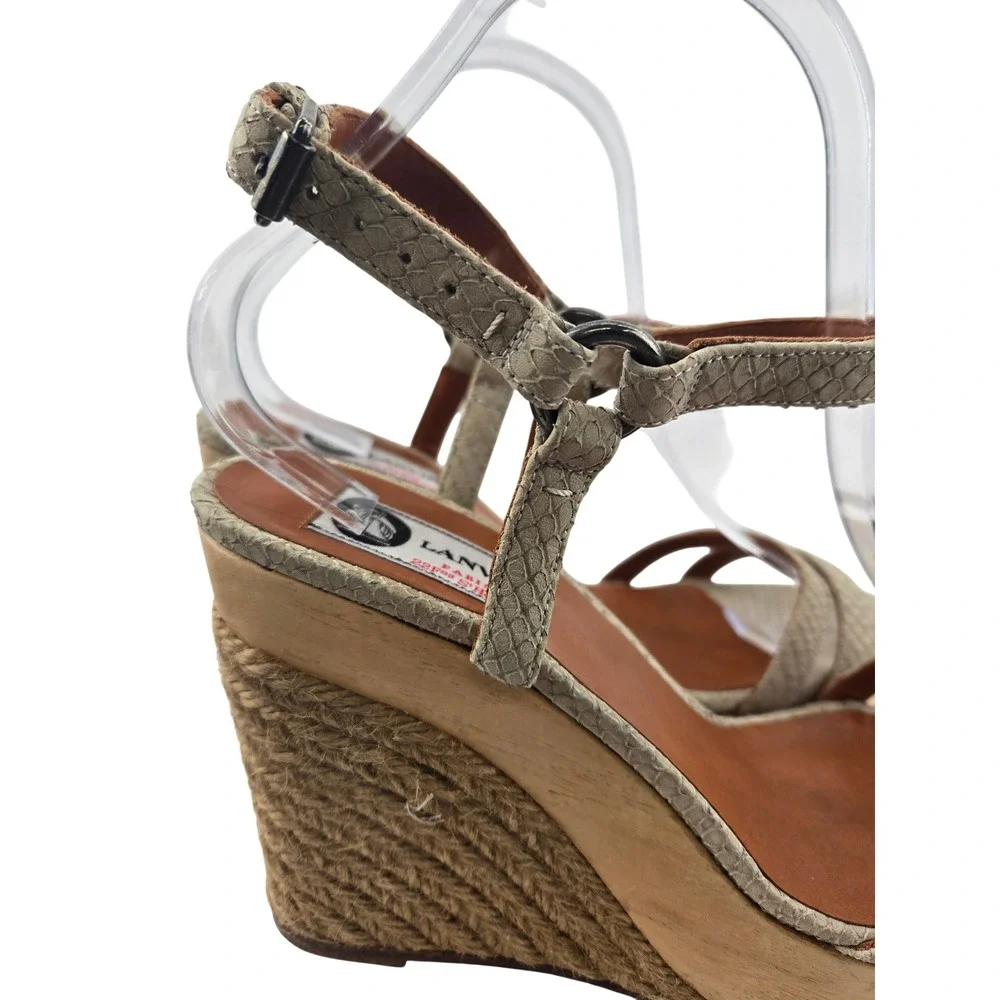 Lanvin‎ Paris Snakeskin Embossed Leather Espadrille Wedge Sandals Beige 40.5